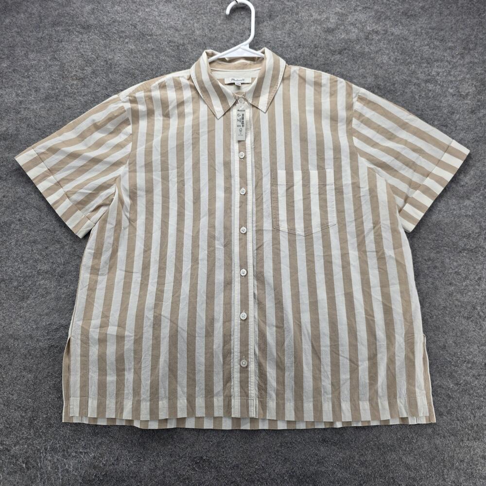 Madewell Button-Up Tunic Womens M Beige Striped Short Sleeve Relaxed Fit